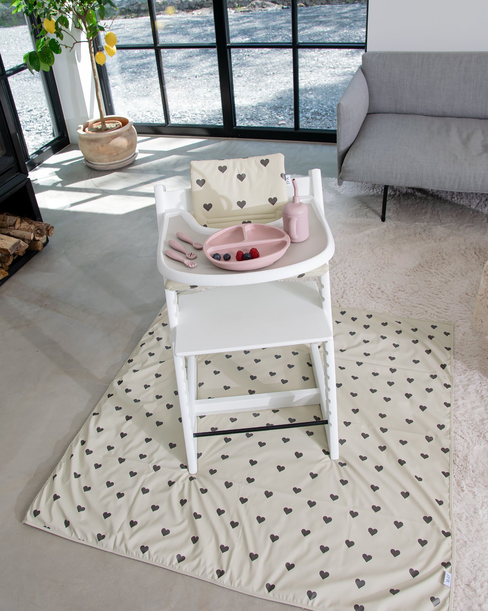 High Chair Floor Protector - Beige with Hearts