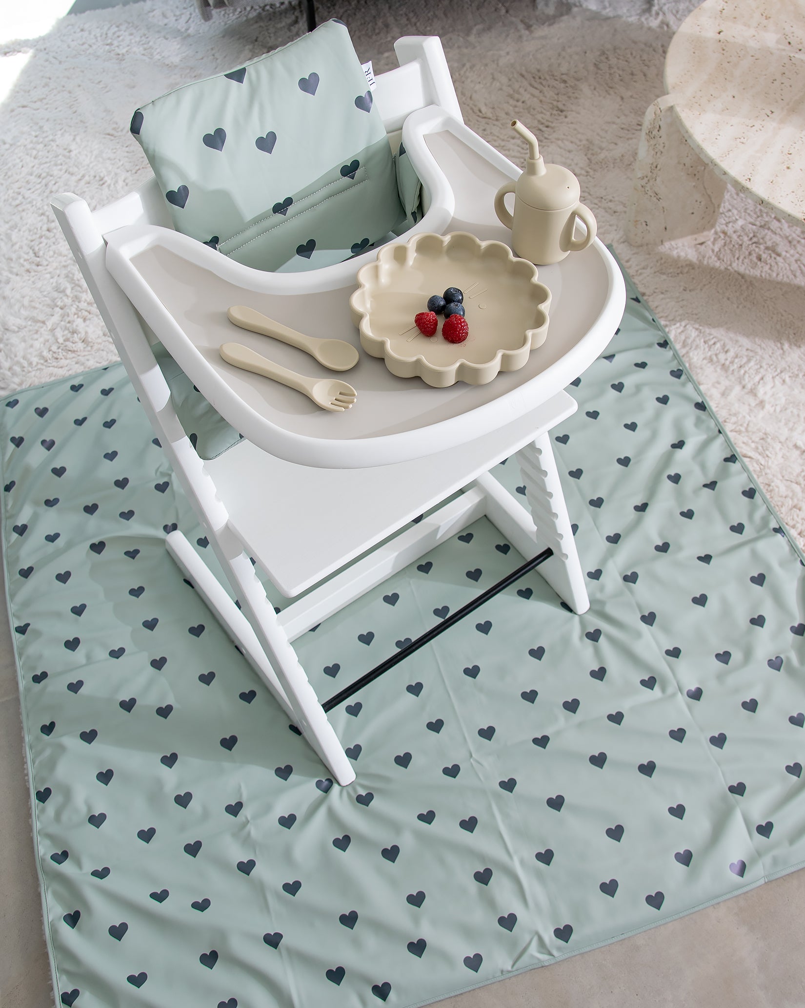 High Chair Floor Protector - Green with Hearts