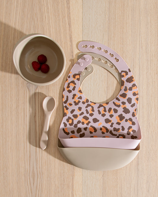 Children's Dinnerware Bibs Set - Beige Leopard