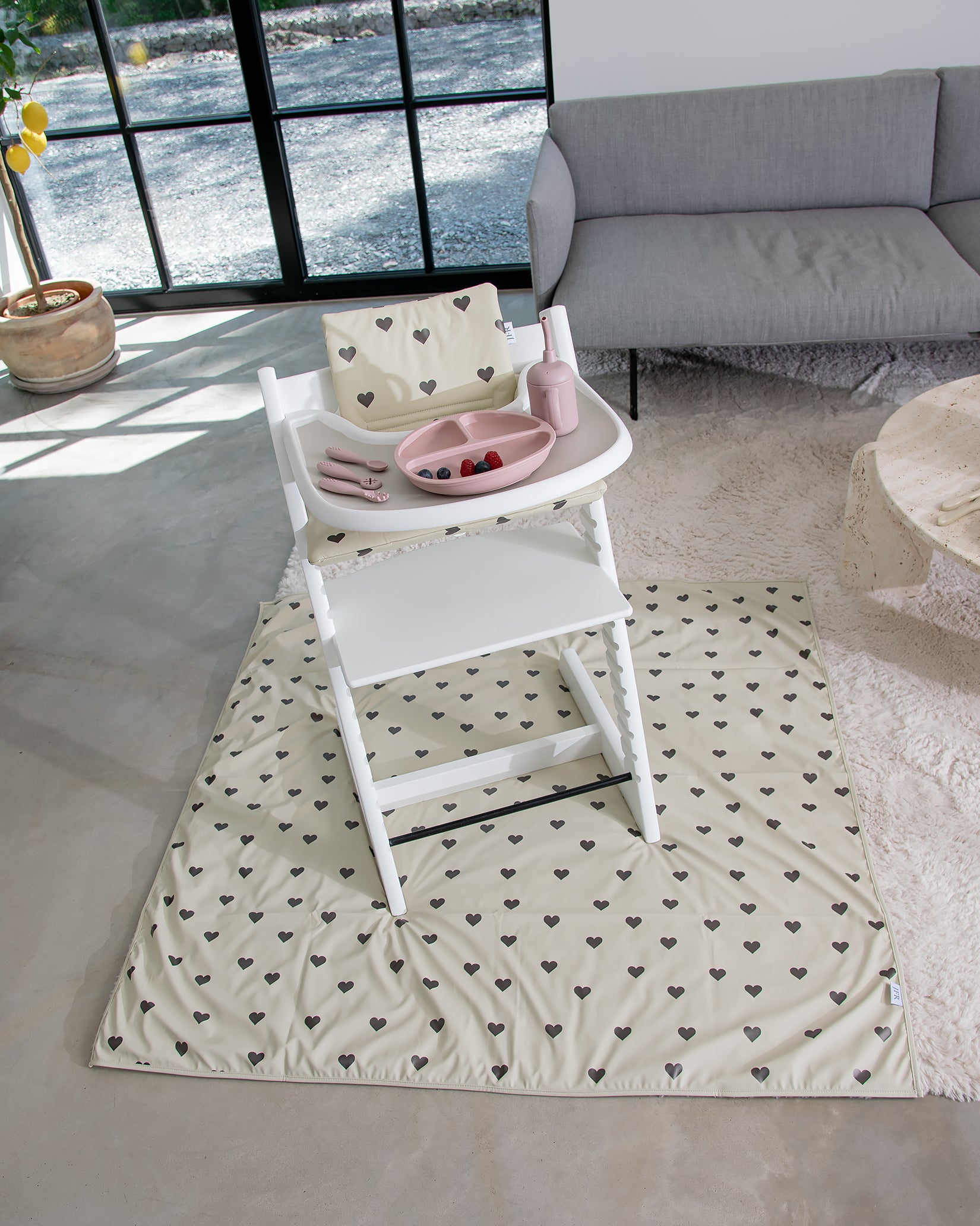 High Chair Floor Protector - Beige with Hearts