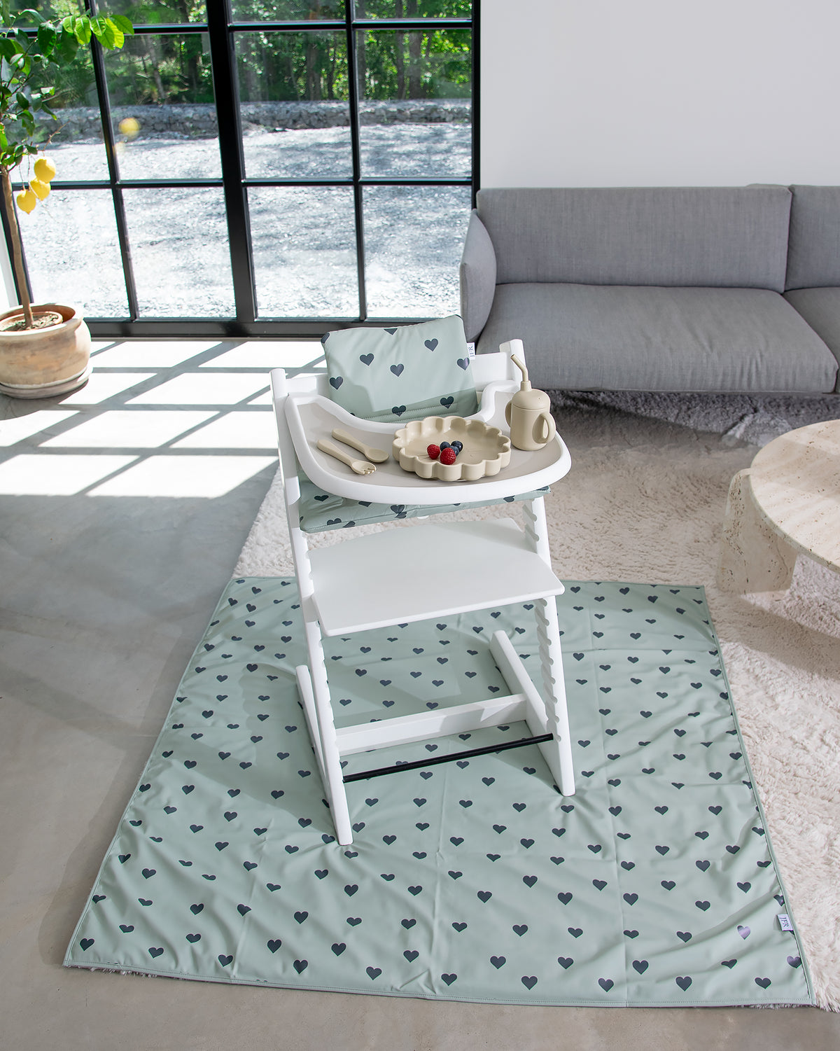 High Chair Floor Protector - Green with Hearts