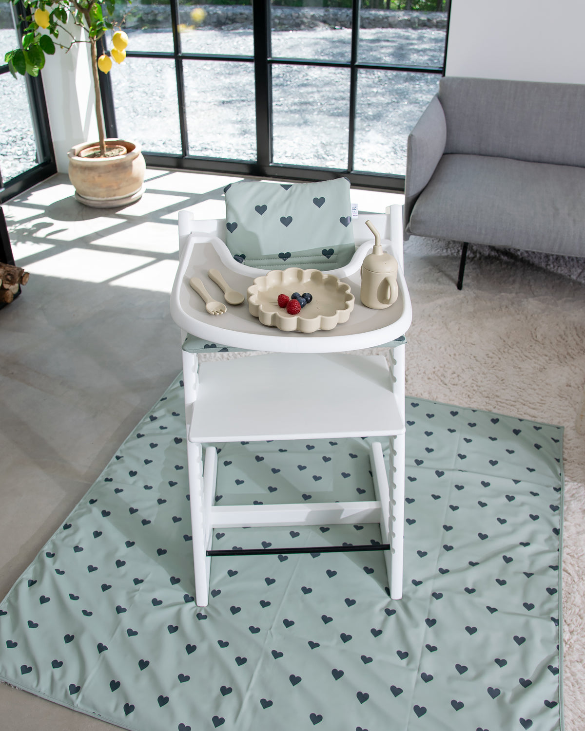 High Chair Floor Protector - Green with Hearts