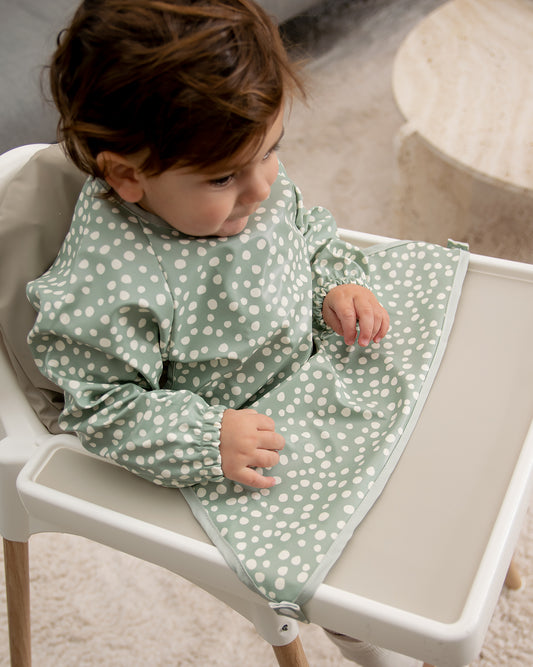 Long-Sleeved Bib with Apron - Mini Dot Green